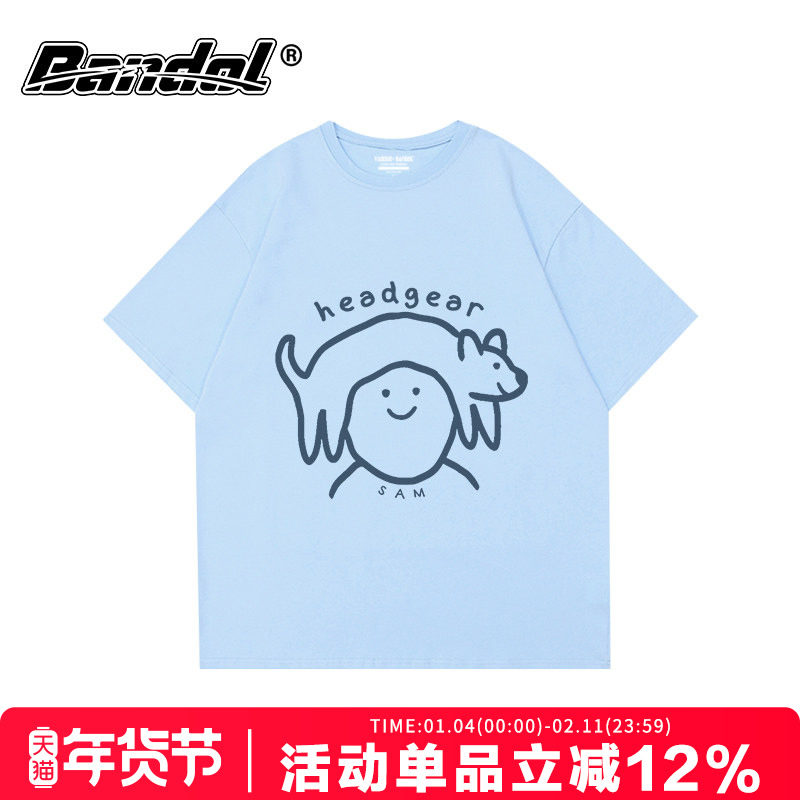 夏季新款简约风狗狗印花奶蓝色短袖t恤女oversize慵懒风百搭上衣