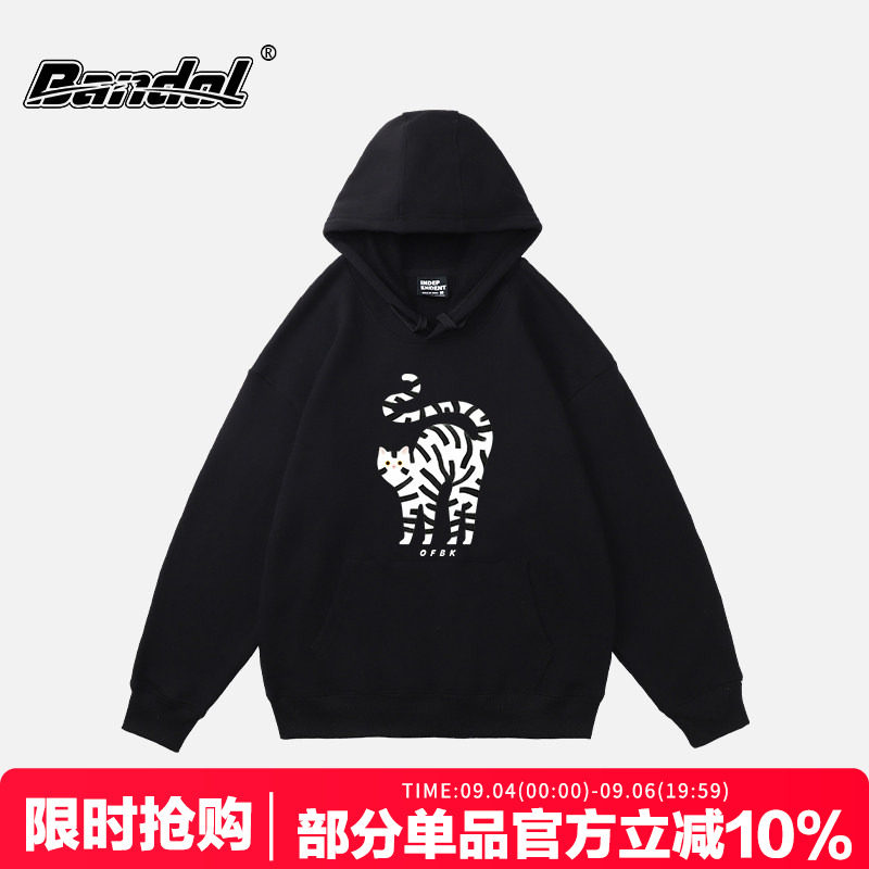 韩版设计感女生可爱猫咪印花黑色连帽卫衣oversize宽松长袖外套潮