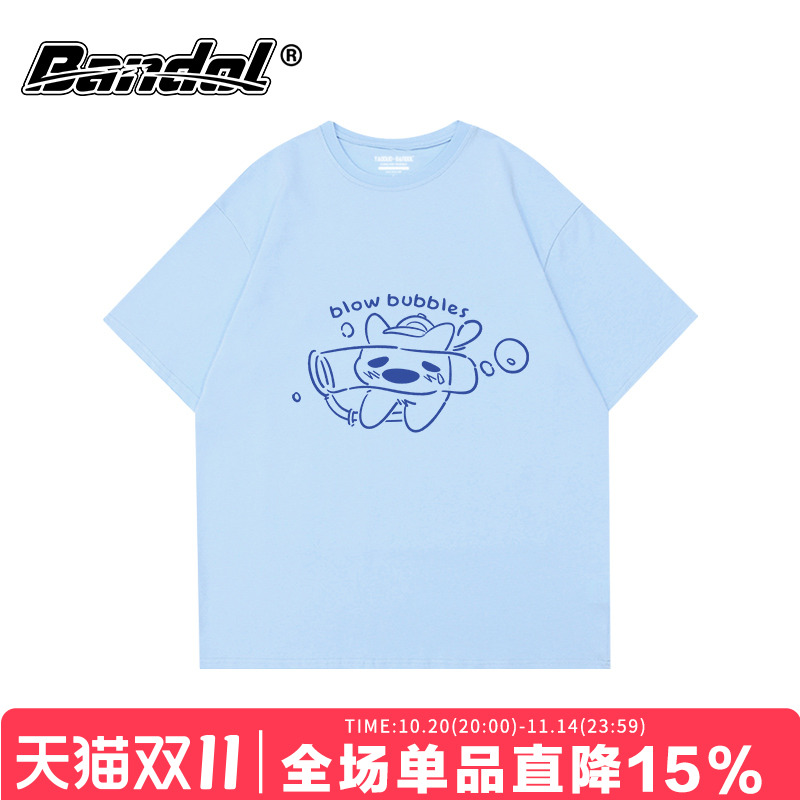 韩版可爱创意狗狗印花奶蓝色圆领短袖t恤女个性oversize百搭打底