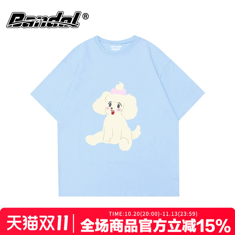 韩版学院风可爱狗狗印花奶蓝色圆领短袖t恤女oversize宽松半袖潮