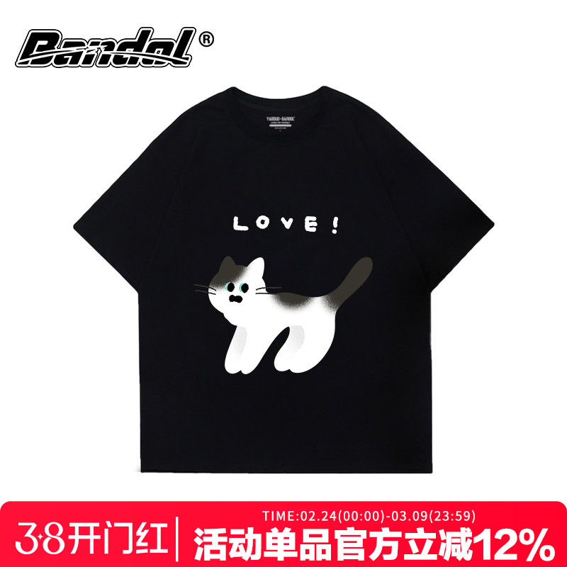 日系ins简约风猫咪印花黑色短袖t恤女chic小众显瘦大码正肩半袖夏