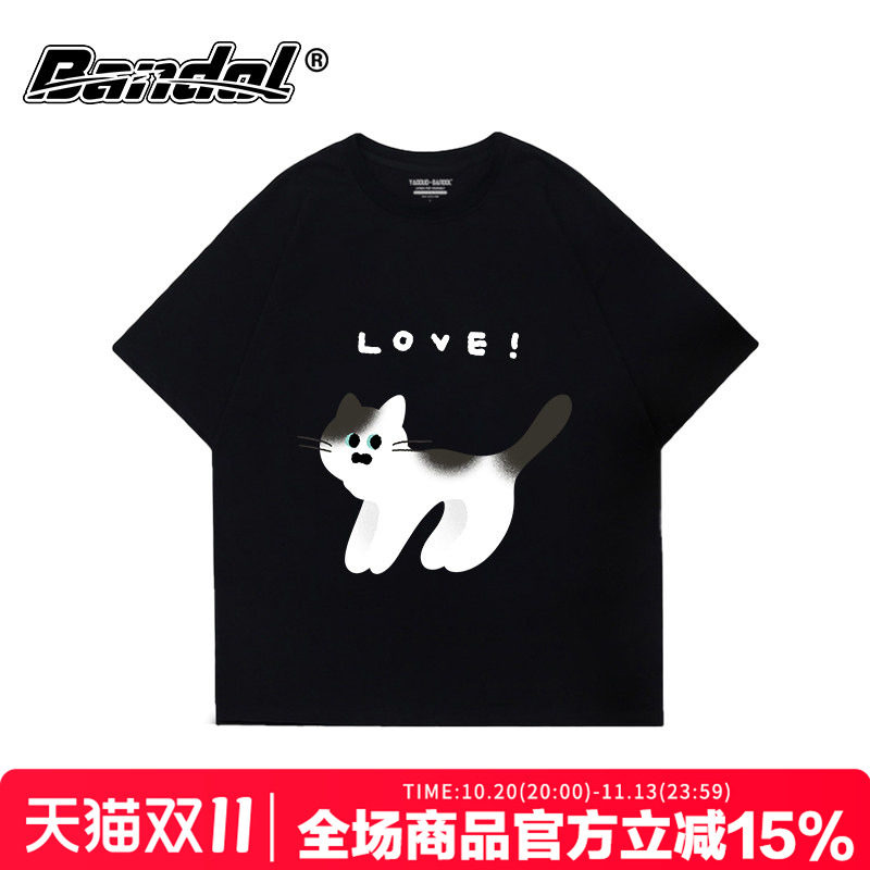 日系ins简约风猫咪印花黑色短袖t恤女chic小众显瘦大码正肩半袖夏