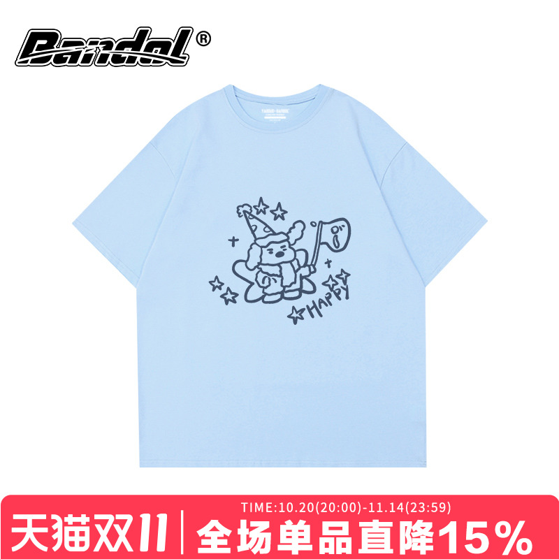 韩版ins风潮牌手绘狗狗印花奶蓝色大码上衣宽松百搭圆领短袖t恤女