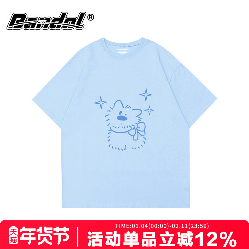 韩版百搭学院风可爱狗狗印花奶蓝色大码短袖t恤女oversize半袖潮