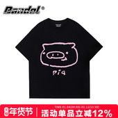 日系学院风简约卡通印花黑色短袖 t恤女oversize百搭正肩半袖 上衣