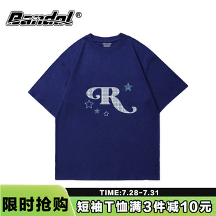美式 t恤女通勤纯棉上衣夏 ins潮牌创意字母印花藏蓝色圆领大码 短袖