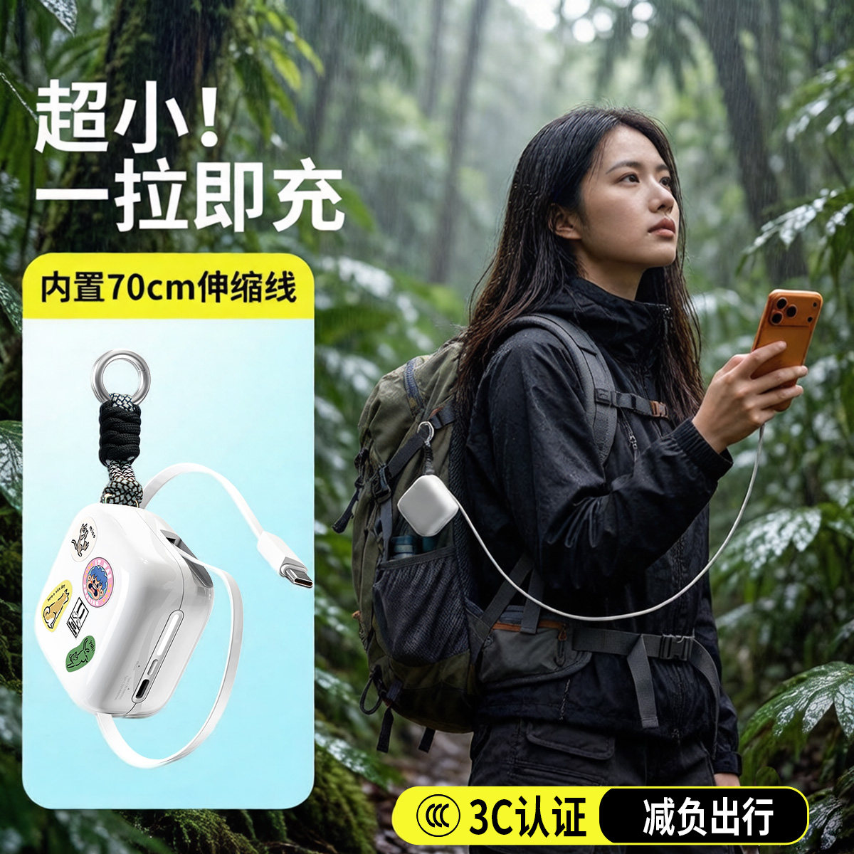 国家3C认证40W快充充电宝自带伸缩线长线迷你挂包可上飞机便携式