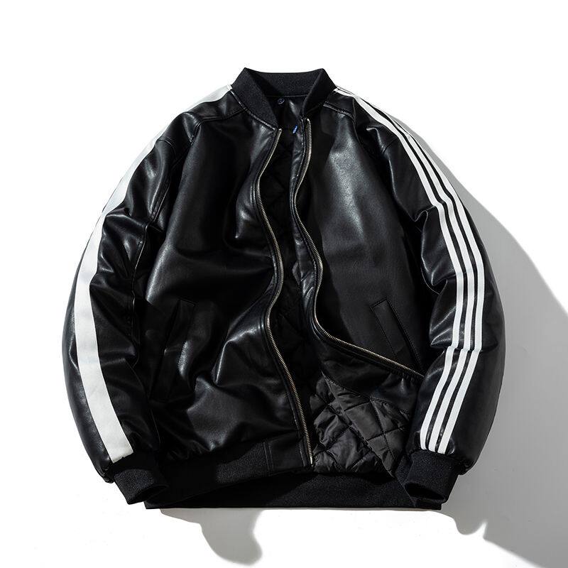 经典三条杠美式潮牌PU皮衣机车棉服男女情侣夏秋夹棉加厚夹克外套