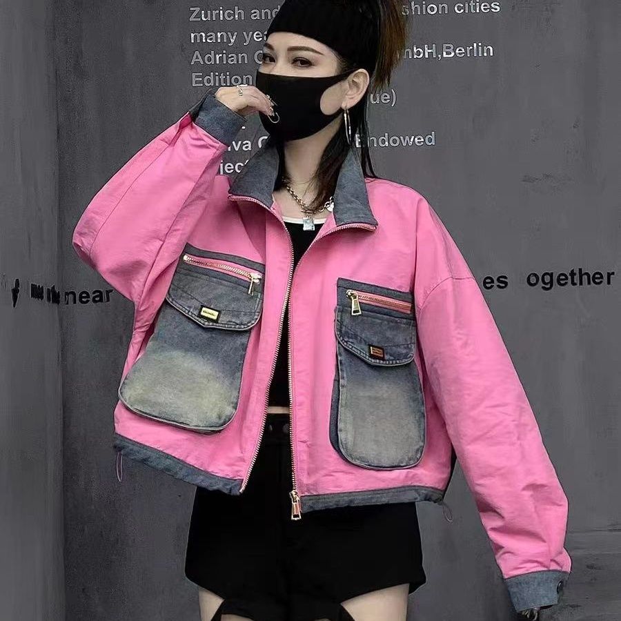 2025春秋新款欧货机车服女重工拼接牛仔大口袋撞色立领短款外套潮