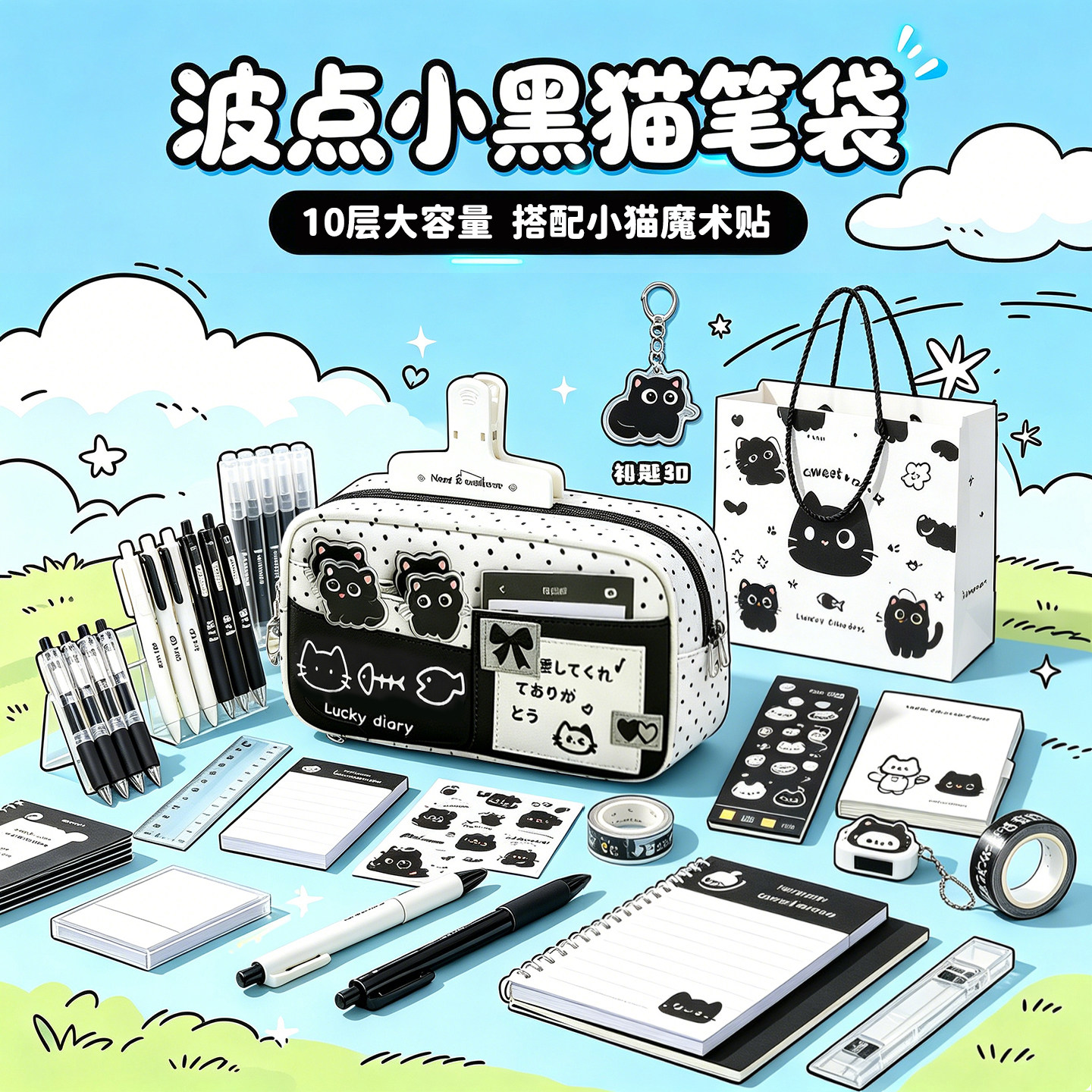 黑白波点小猫笔袋【小众不撞款】