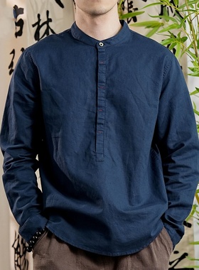 慵懒风藏青长袖衬衫男士春秋季内搭衬衣潮流ins宽松休闲痞帅上衣