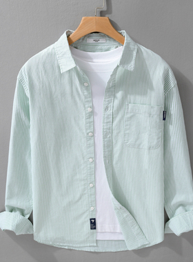 绿色条纹长袖衬衫男士新款复古潮牌韩版衬衣高级感休闲学生外套男