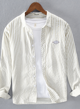 春秋条纹长袖衬衫潮男帅气文艺范休闲寸衫日系潮牌休闲气质衬衣薄
