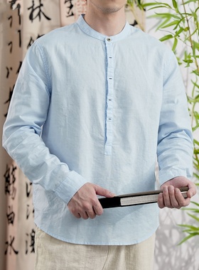 春秋季潮流长袖衬衫男ins港风休闲立领时尚复古百搭宽松青年上衣