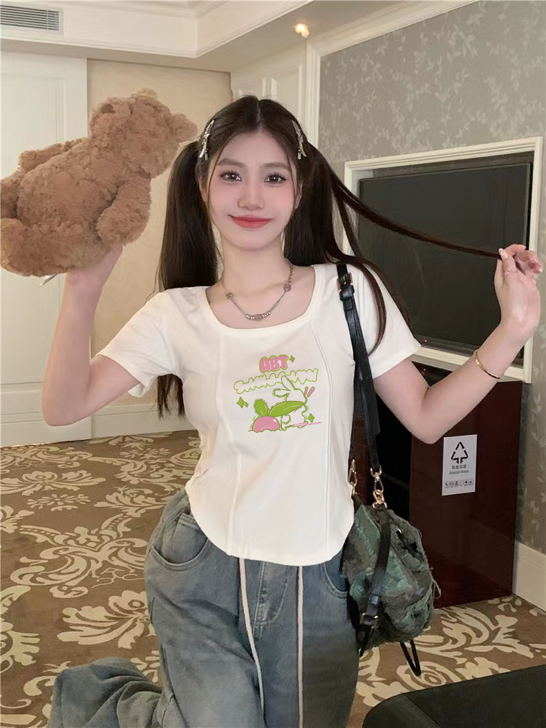 棉棉印象 新款鱼骨短袖t恤女夏修身显瘦短款正肩白色圆领百搭上衣