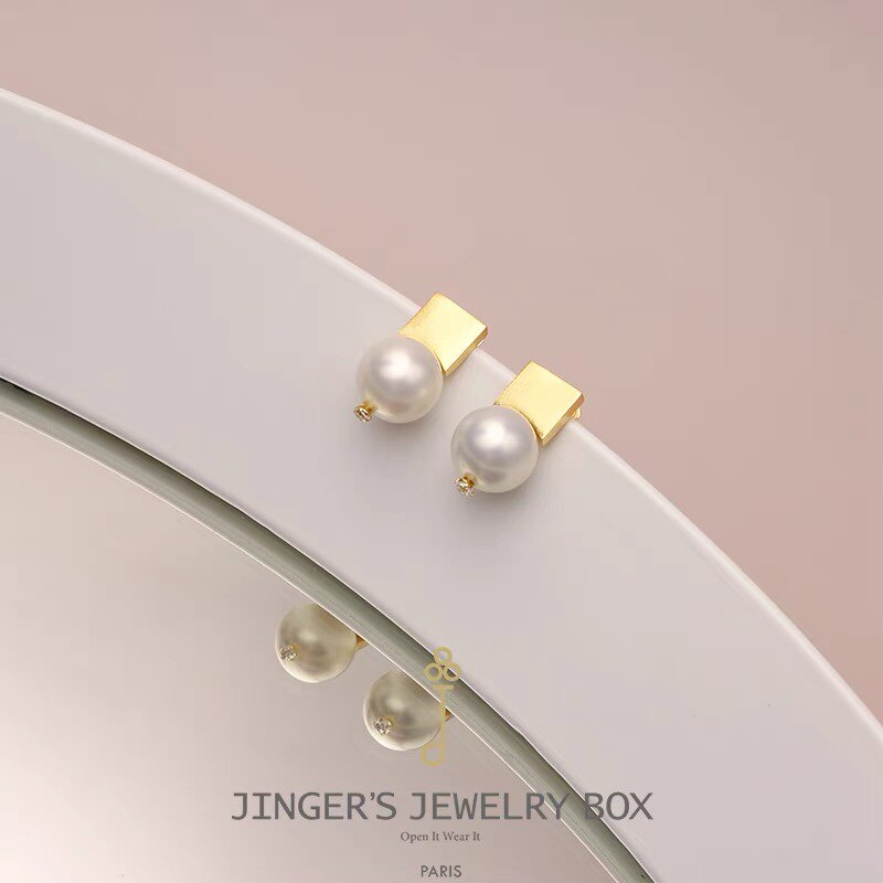 jinger法国原创设计师小众方金天然珍珠锆石耳钉耳环