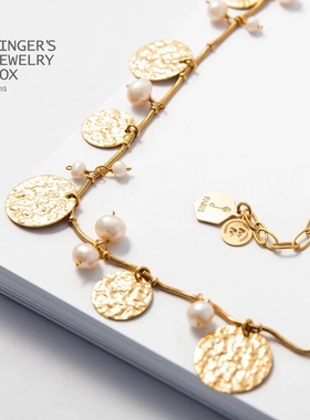 jinger法国巴黎设计师款小众锤纹金币天然珍珠轻奢高级感锁骨链