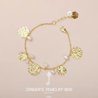 jinger法国巴黎原创设计师小众款天然珍珠锤纹圆片金币手链