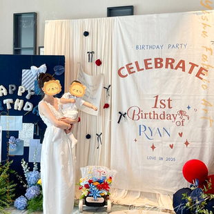 韩式复古宝宝周岁宴布置可爱卡通生日派对装饰挂布亚麻简约拍照