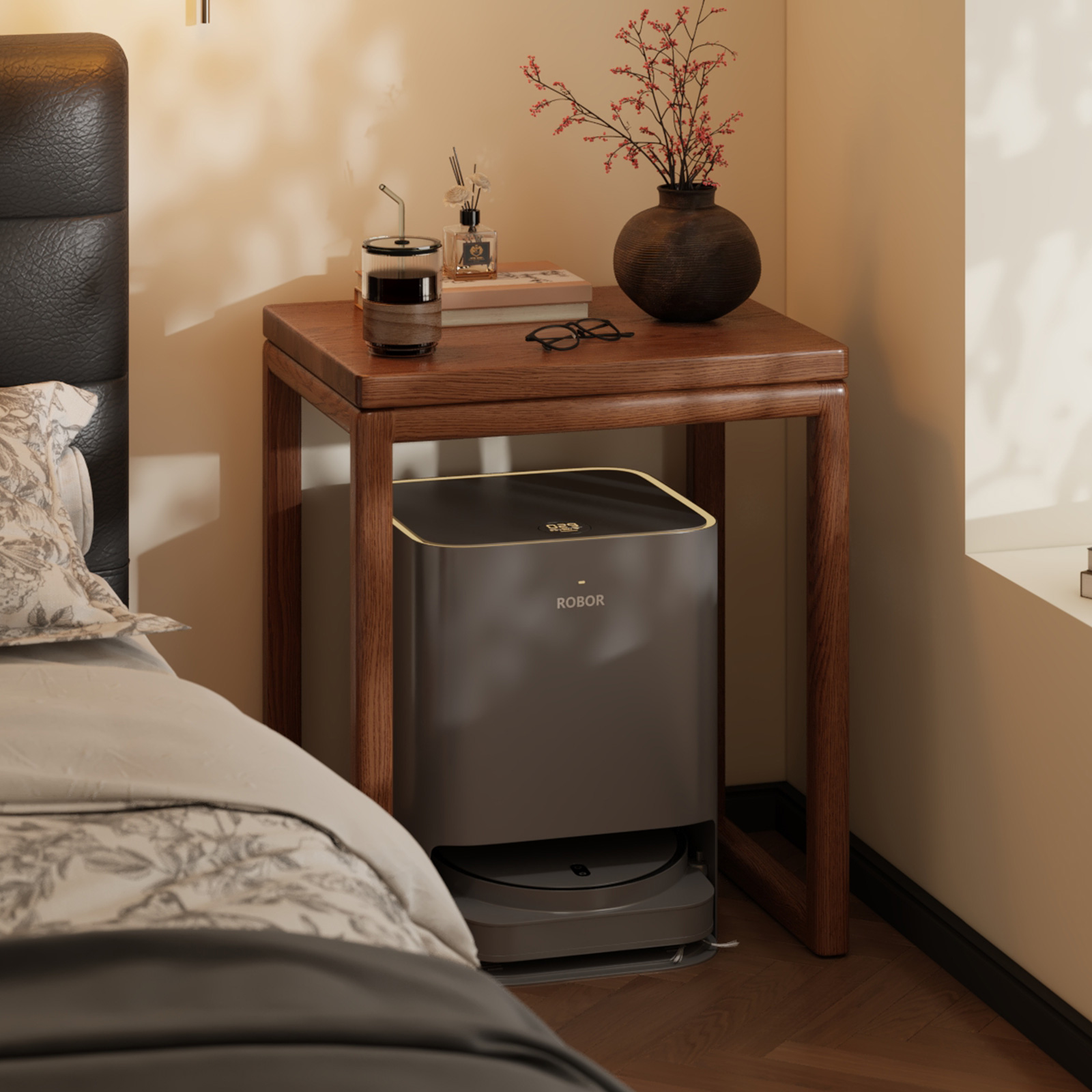 菏森派实木扫地机器人置物架