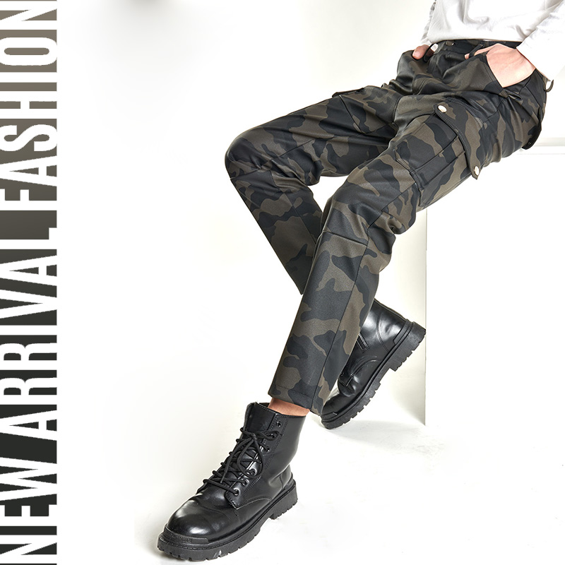 男士春秋薄绒迷彩美式休闲皮裤户外机车摩托防风防水多口袋直筒裤