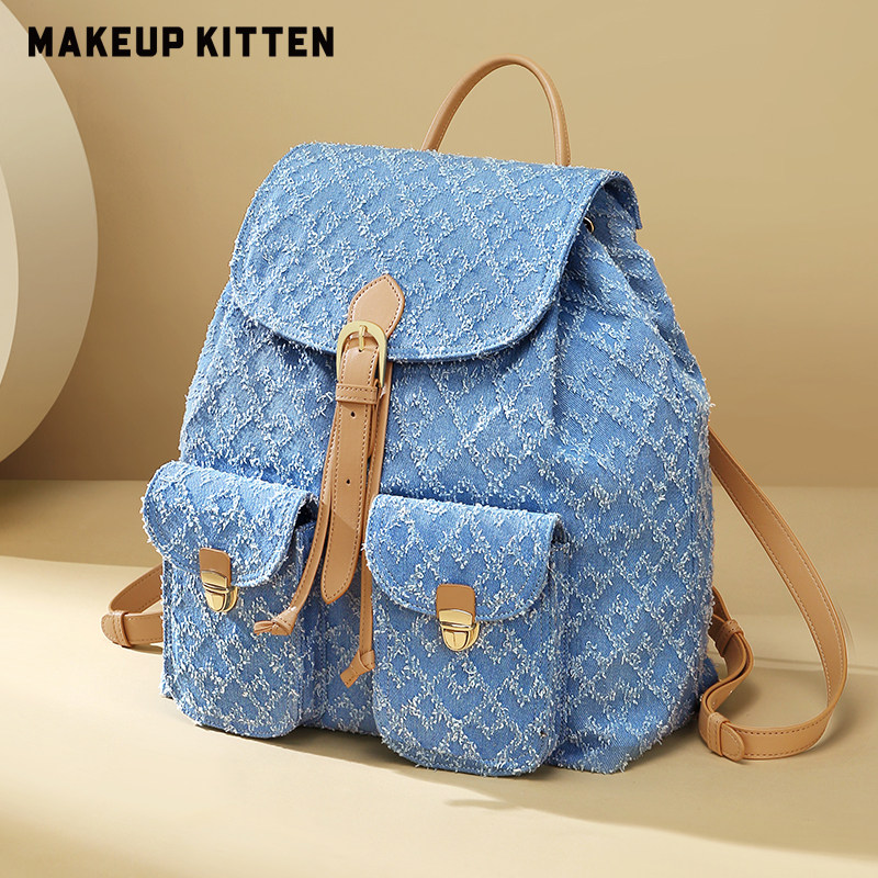 MAKEUP KITTEN牛仔帆布双肩包女书包2025大容量小众轻便通勤背包