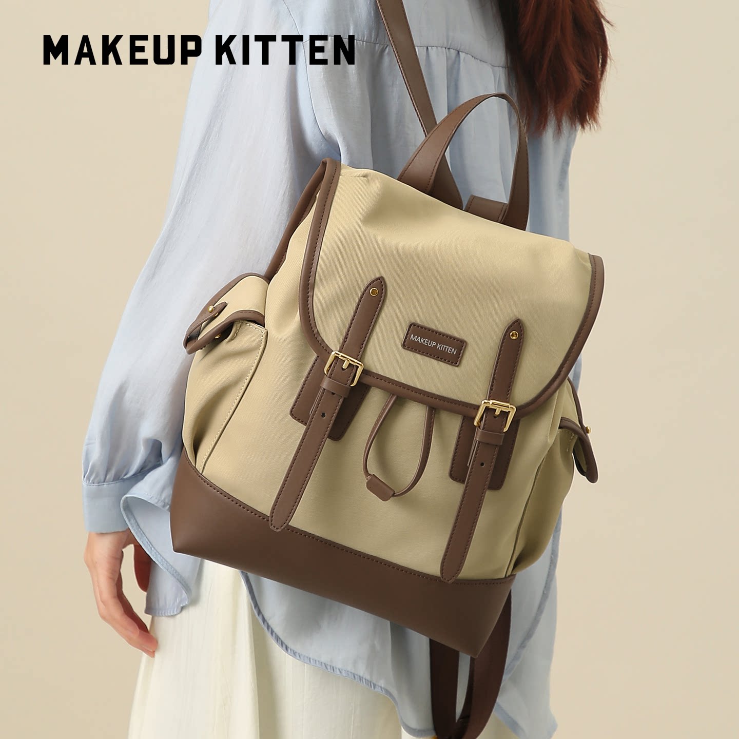 MAKEUP KITTEN双肩包女2025新款翻盖书包轻便简约大容量旅游背包