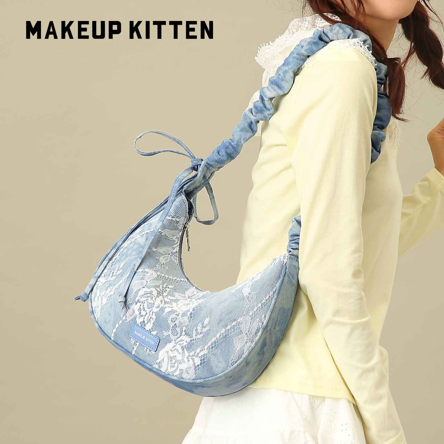 MAKEUPKITTEN新月包女2025新款蕾丝牛仔斜挎小众设计感高级腋下包