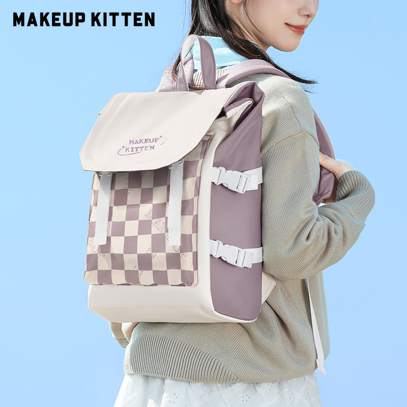 MAKEUP KITTEN棋盘格双肩包女2025新款大容量旅行后背包学生书包