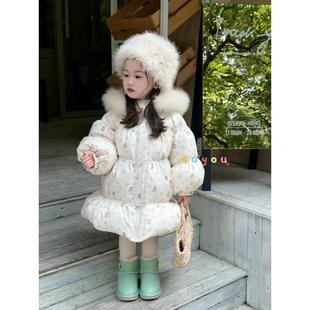 女童白色羽绒服2025冬装新款儿童韩版毛领加厚保暖中长款宝宝外套