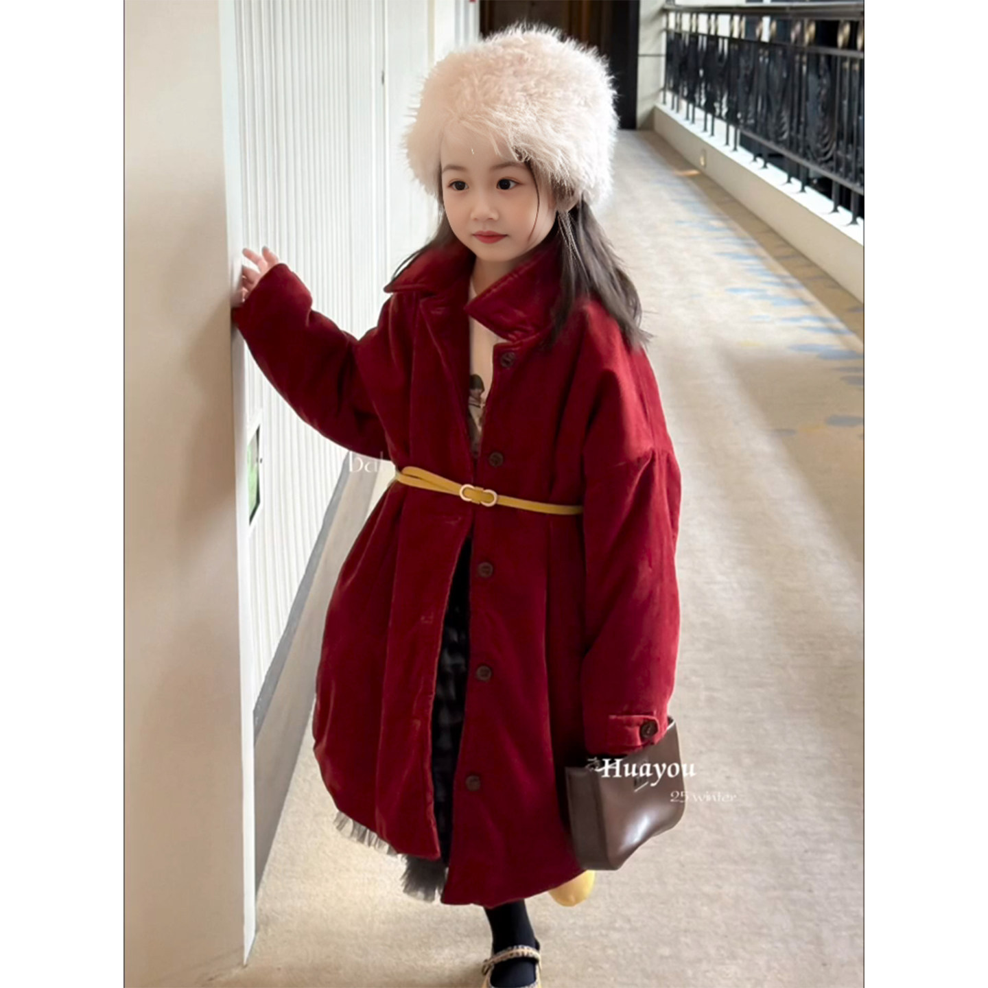 女童2025新款秋装外套中大儿童衣服酒红色复古中长款风衣女孩夹克