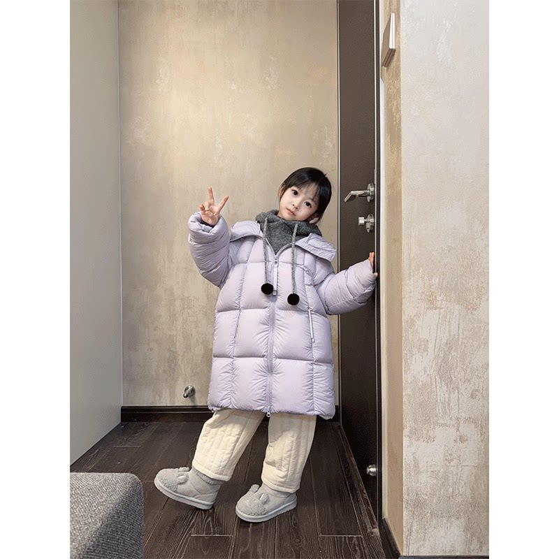 女童淡紫色羽绒服外套2025冬装儿童洋气加厚保暖中长款连帽羽绒服