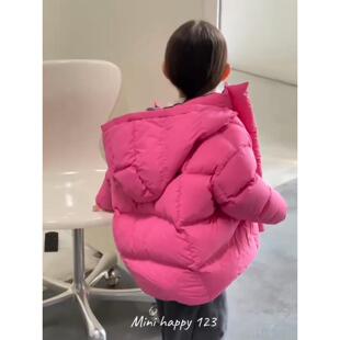 女童玫红色连帽羽绒服2025冬装新款儿童韩版宽松加厚保暖宝宝外套