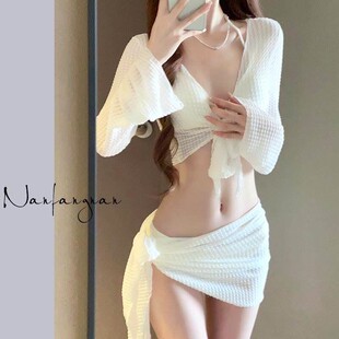 比基尼泳衣女2023新款 四件套高级感白色性感分体泳衣三亚度假温泉