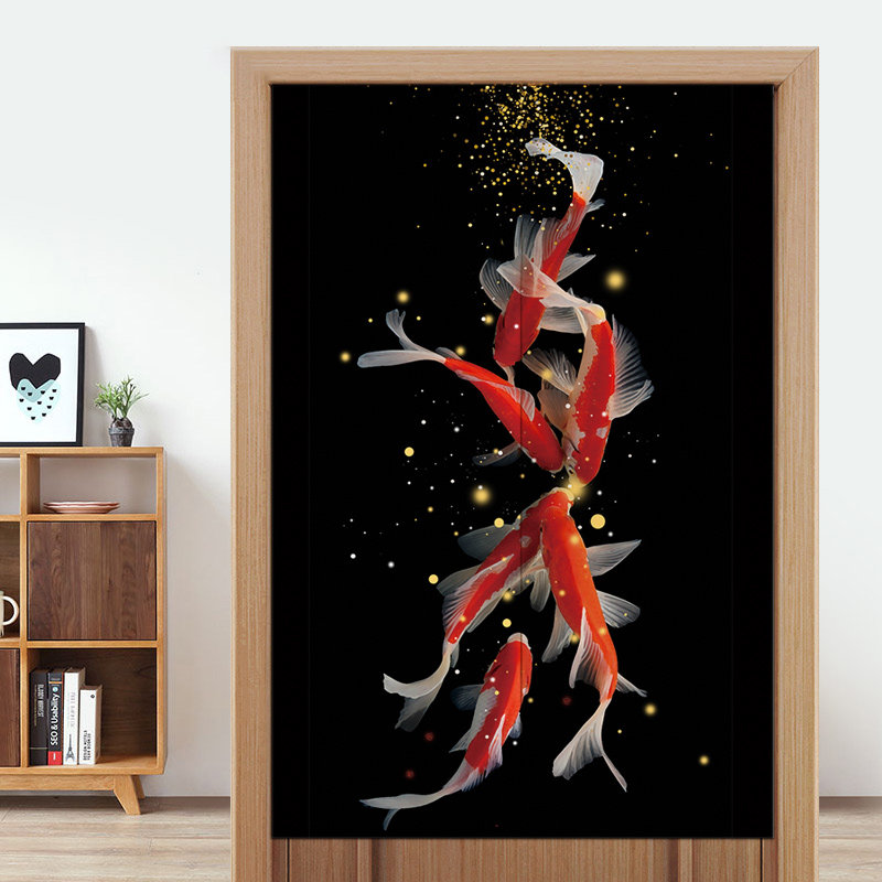 新中式门帘隔断帘九鱼图布艺挂帘厨房客厅卧室半帘厕所装饰玄关品