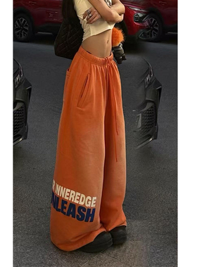 美式复古低腰显瘦橙色休闲裤女2025早秋新款设计感字母印花拖地裤