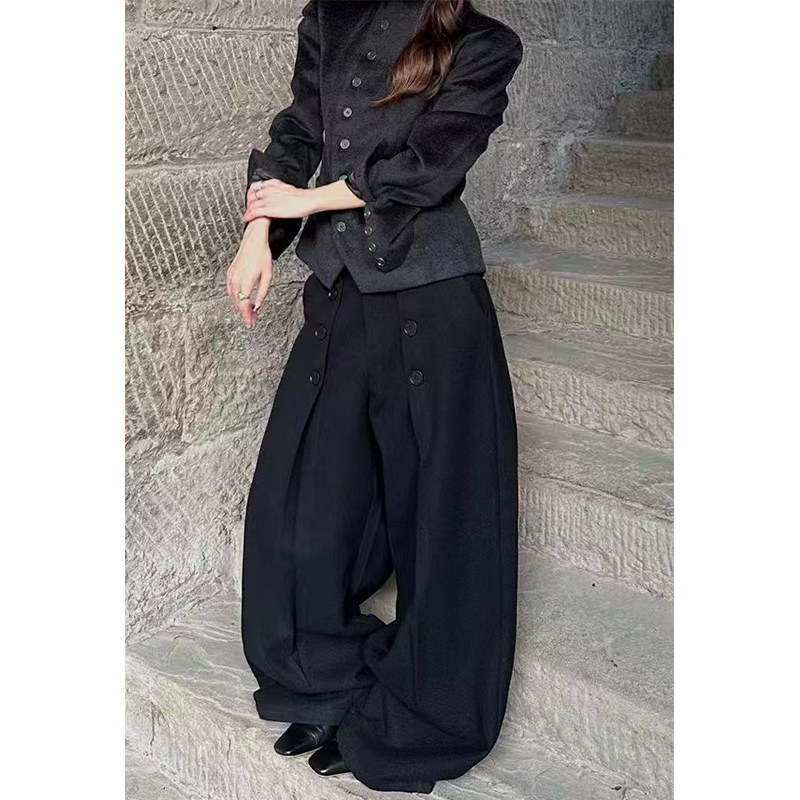 美式复古双排扣设计黑色西装长裤女低腰打褶宽松黑色休闲阔腿裤女,女装/女士精品,休闲裤,淘宝优惠券,粉丝福利购,淘宝优惠卷