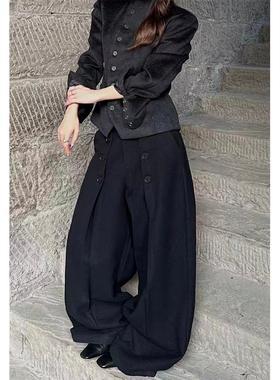 美式复古双排扣设计黑色西装长裤女低腰打褶宽松黑色休闲阔腿裤女