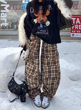 美式复古水洗格子工装休闲裤女冬新款多口袋小众时尚松弛宽松裤子