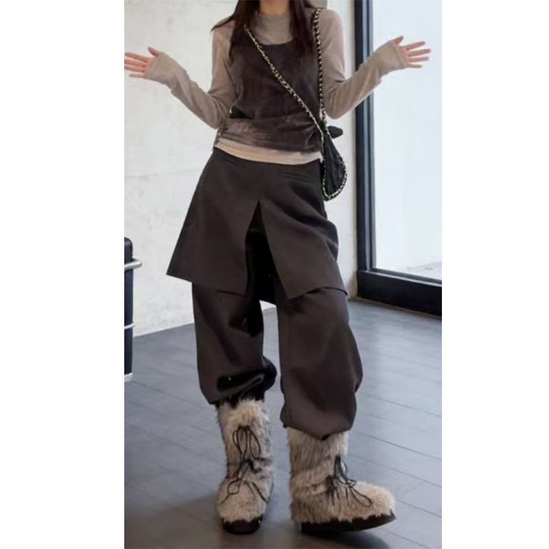 复古高级感黑色开叉屁帘假两件裙裤冬季辣妹低腰显瘦微喇裤子潮,女装/女士精品,休闲裤,淘宝优惠券,粉丝福利购,淘宝优惠卷