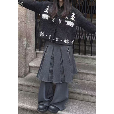 街头复古设计感格纹拼接百褶裙裤