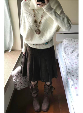 韩系复古高腰棕色百褶半身裙女秋冬新款气质减龄修身显瘦中长裙子