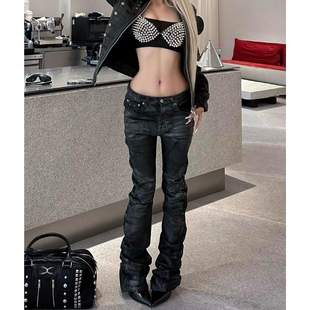 美式复古黑色低腰牛仔裤女春秋新款街头亚比辣妹修身做旧微喇裤子
