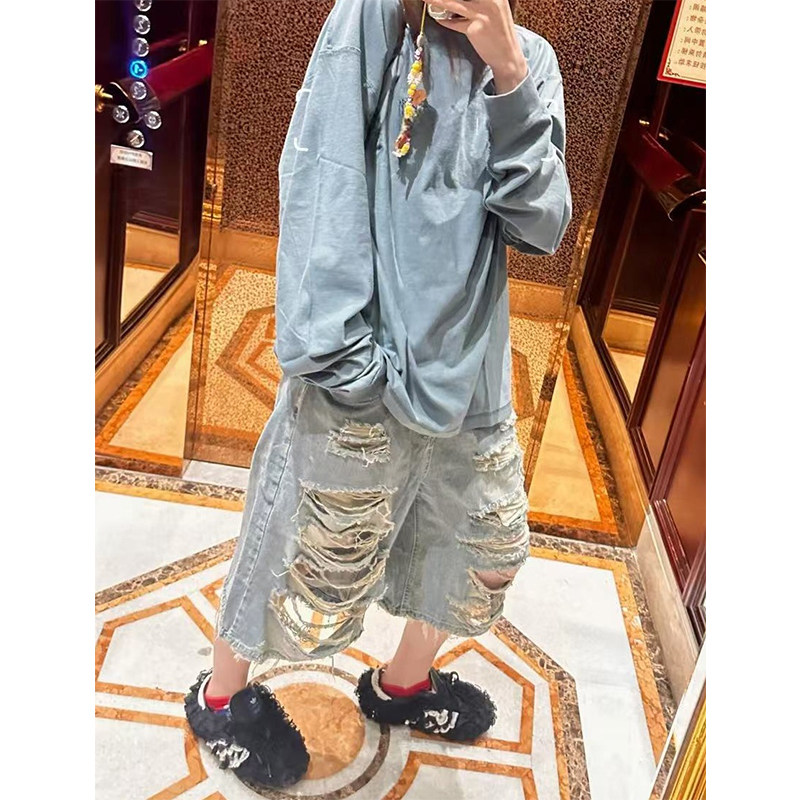 美式复古设计感破洞牛仔裤女2025早秋新款辣妹低腰显瘦直筒七分裤,女装/女士精品,牛仔裤,淘宝优惠券,粉丝福利购,淘宝优惠卷