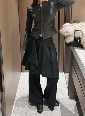 美式复古黑色不规则休闲裙裤女春秋新款街头时尚宽松显瘦阔腿裤子