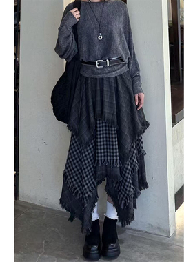 美式复古灰色格纹拼接不规则半身裙冬装高级感新款宽松裙子长款潮