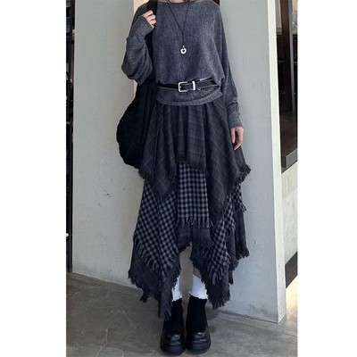 复古黑灰格纹拼接不规则半身裙