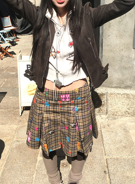 亚文化手绘涂鸦百褶裙减龄A字裙叛逆街头穿搭叠穿半身裙咖色伞裙