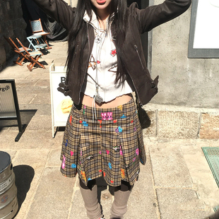 亚文化手绘涂鸦百褶裙减龄A字裙叛逆街头穿搭叠穿半身裙咖色伞裙