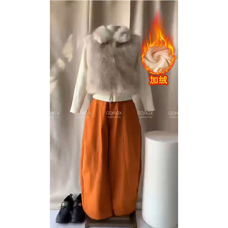 美式高街橘色加绒弯刀牛仔裤